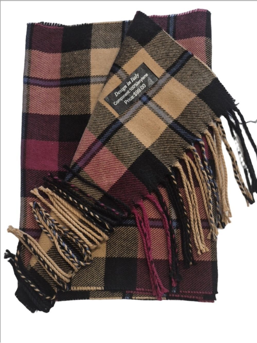 Classic Plaid Tartan Fringe Scarf Mustard Yellow Burgundy 12"x67.5"